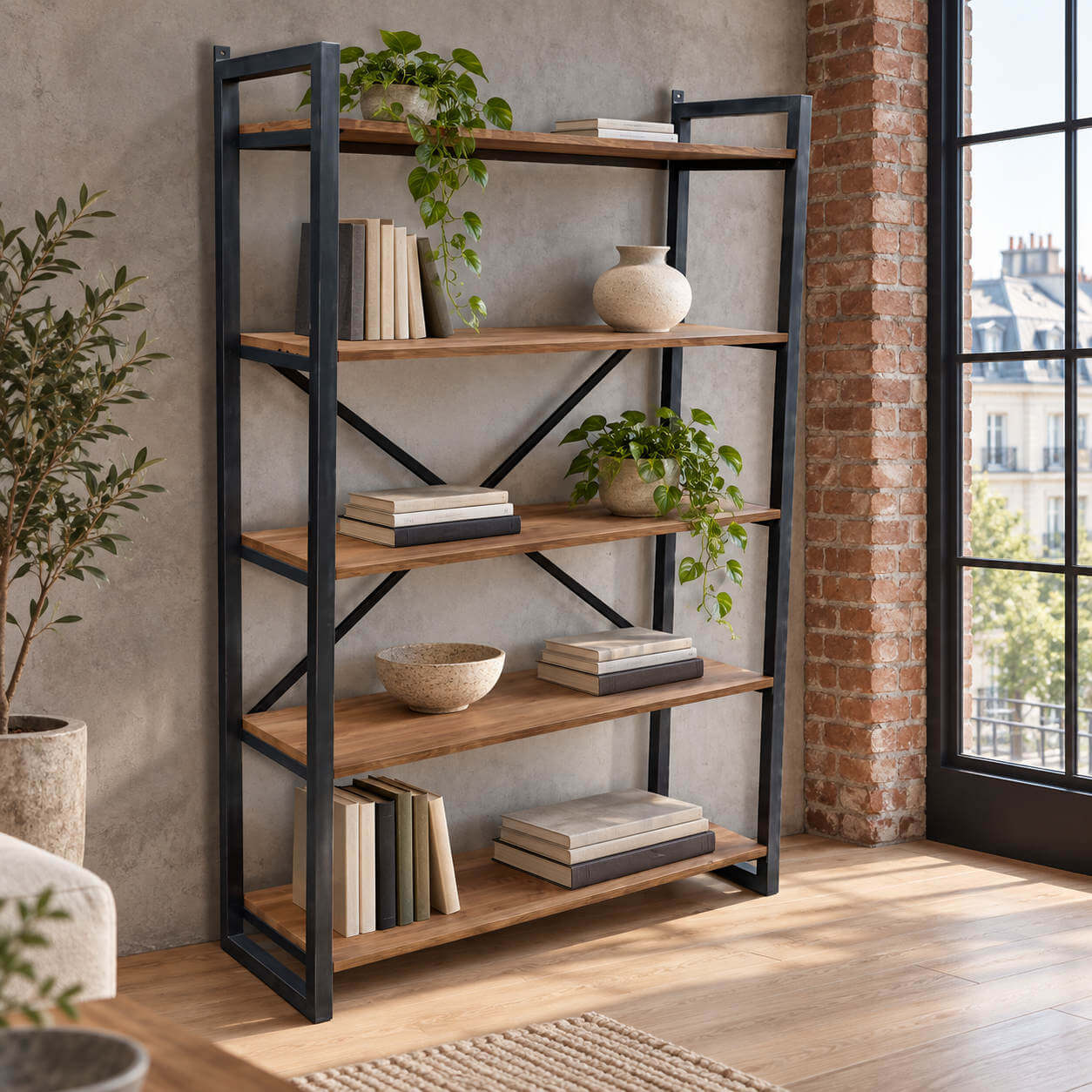 01-bibliotheque-industrielle-acier-bois-5-etageres