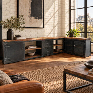 Meubles d'angle, TV, style industriel, métal, plateau en chêne, porte grillagée, porte pleine.
