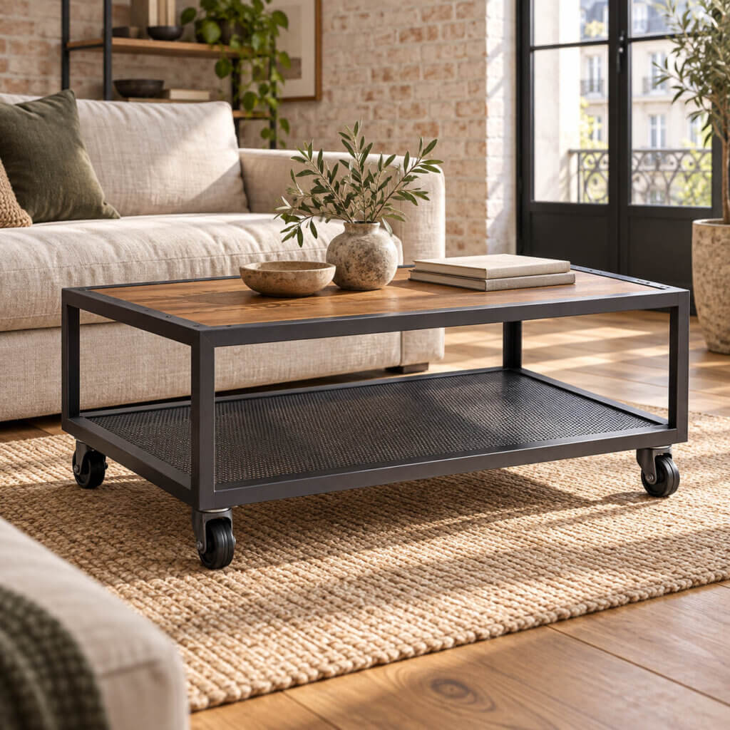 Table basse industrielle, plateau en bois ciré et sous plateau en plaque de métal perforée.