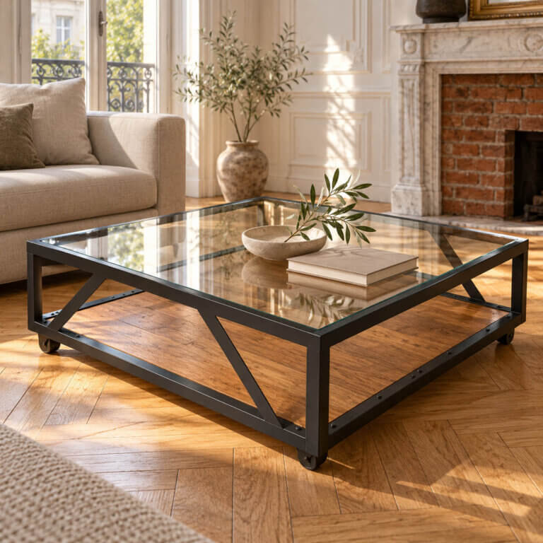 Table basse industrielle, plateau en verre, sous-plateau en chêne. Qualité et gamme supérieure