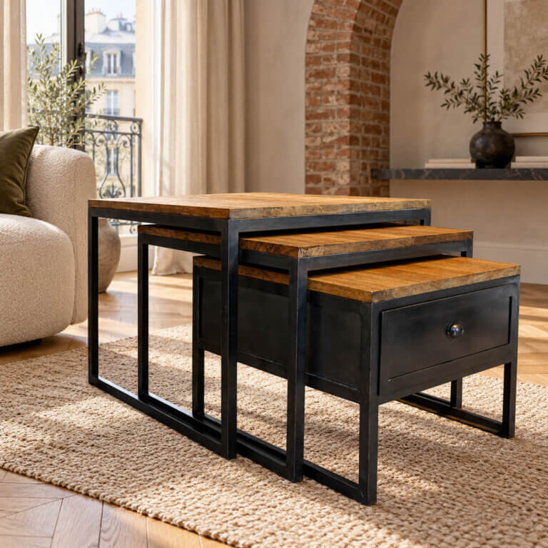 Série de trois tables gigantesques, industrielles, métal et bois dans un salon