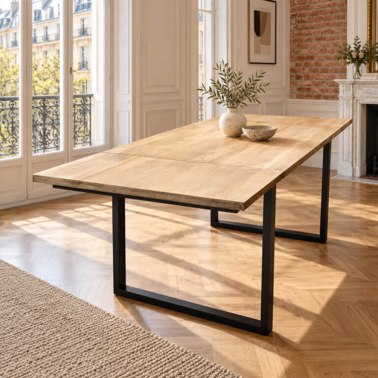 Table à manger type industriel, acier et bois, dans l'appartement Haussmannia.