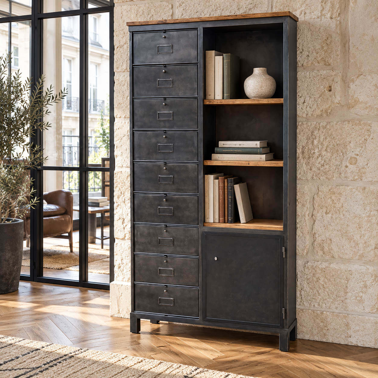 Colonne style industriel - clapets, tabelettes et porte
