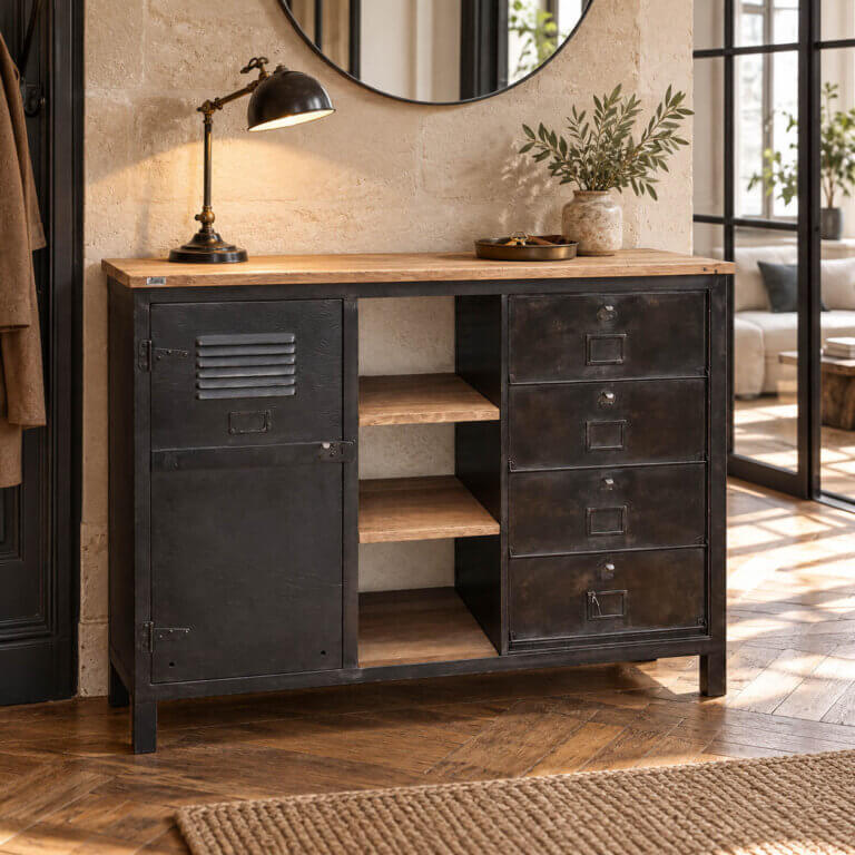 Un vestiaire industriel reconverti en console avec des tiroirs ou clapets, meubles métal, tablettes en bois . Qualité et gamme supérieure